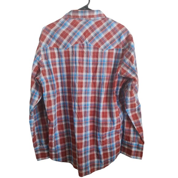 Wrangler Rancher Mens Button Shirt Red Plaid Long Sleeve Pearl Snap Size Large - Picture 2 of 9